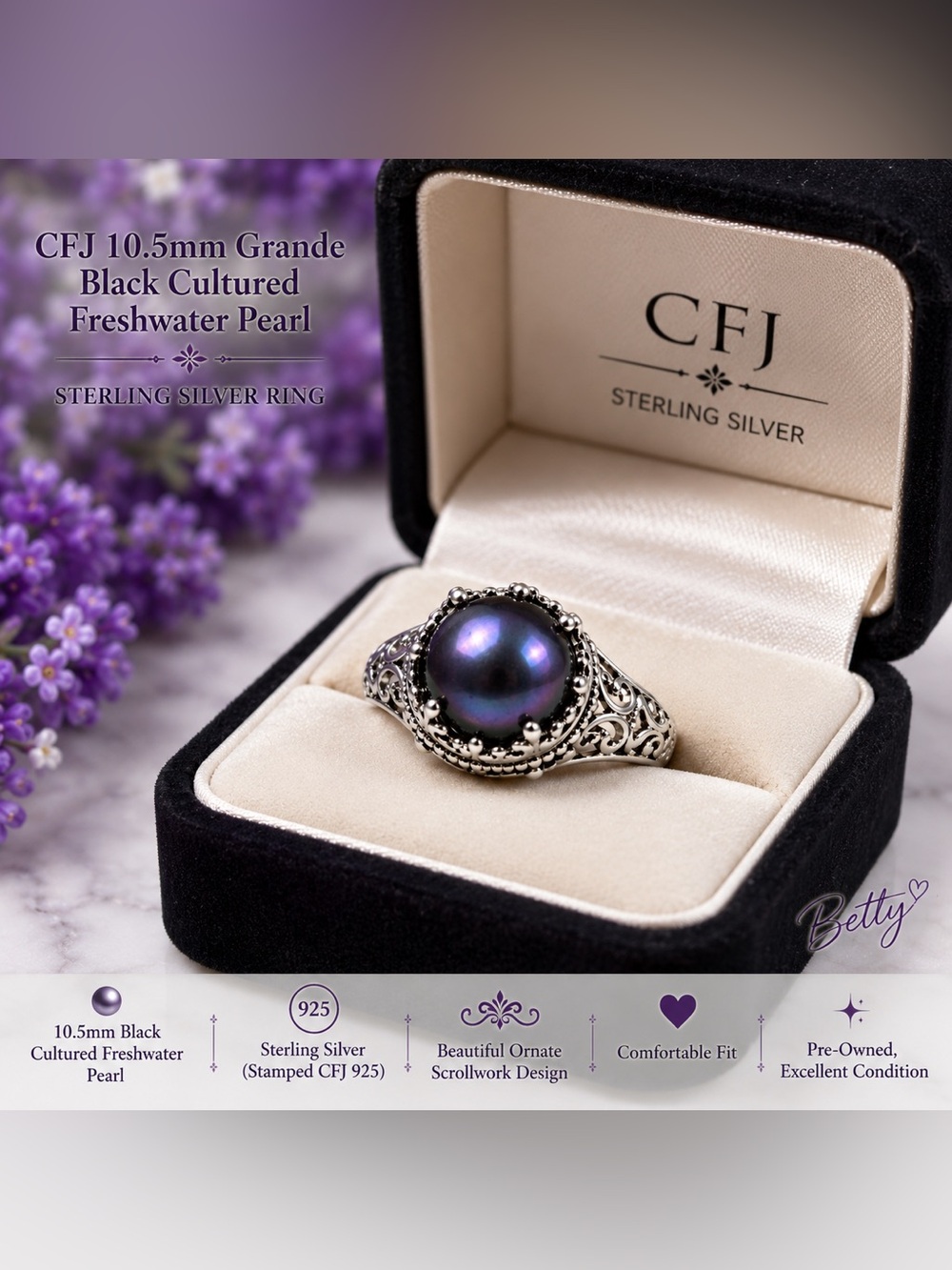 Sterling Silver Ring with Black Iridescent Pearl